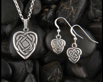 Celtic Maggie's Heart Knot Pendant and Earring Set in Sterling Silver