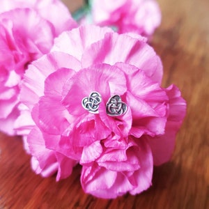 Puede incluir: Un par de pendientes de plata con nudo celta sobre un fondo de flor rosa.