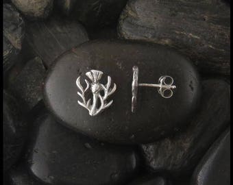 May include: A pair of silver stud earrings featuring a stylised thistle design. The earrings are shown against a background of dark grey stones.