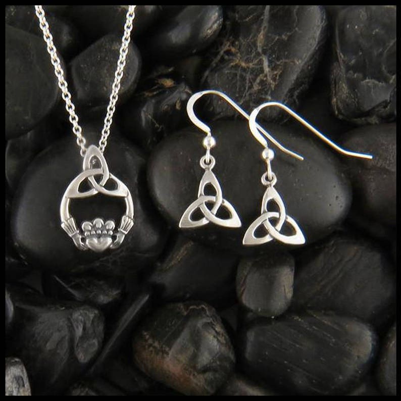 Irish Claddagh Trinity Pendant and Trinity Earring Set in Sterling Silver