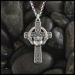 Celtic Claddagh Cross Pendant in 4 Size Options in Sterling Silver, Irish Cross