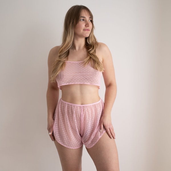 Comfortable mesh pajamas set, Transparent crop top and shorts, See through pajamas