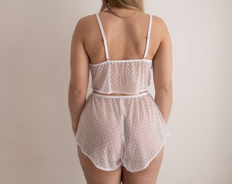 Comfortable mesh pajamas set, Transparent crop top and shorts, See through pajamas