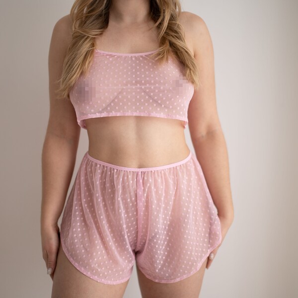 Comfortable mesh pajamas set, Transparent crop top and shorts, See through pajamas