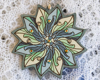 Pendant Necklace with Glass Crystals. Gift for Her. Romantic unique design. Estonian jewelry. Mandala pattern. Handpainted Plywood