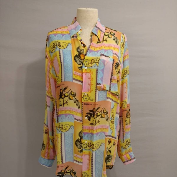 Silk Botanical Print Vintage 90's Tunic Blouse Sorbus Domestica Colorful Fruit w Ribbons Yellow Pink Blue High Quality & Comfortable Floral