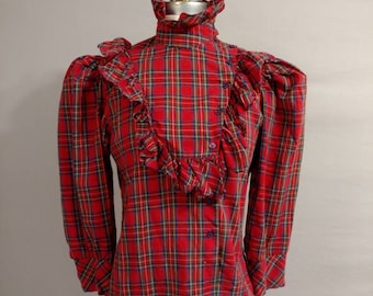 Super Feminine Red Plaid Blouse High Neck Ruffle Collar Puff Sleeves Shirt Vintage 70's Party Woman 1970's Country Girly Girl XS