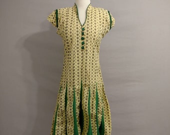 Unique Vintage Forties Cotton Dress 1940's Authentic Period Green & Yellow Country Casual 40's Simple Handmade Look Well Worn