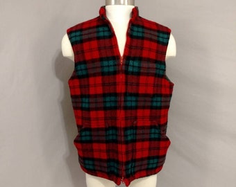 Vintage Red Plaid Wool Vest Handmade Work w Zipper Style 80's - 90's Good Layering Outdoor Sportsman Pockets Insulated Lg One of a Kind OOAK