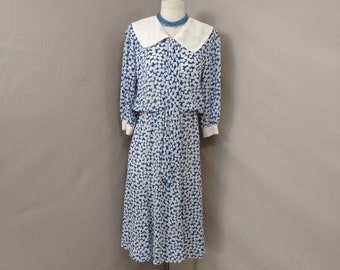 Vintage Floral Dress Classic Feminine Blue & White Flowers 80's White Collar Sz 8 Eighties Spring Easter Candidate