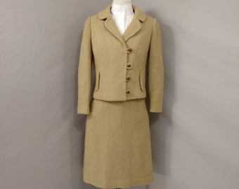 Mohair 60's Camel Women's Suit Light Wool Woman's Business with Skirt & Jacket Classic Textural Single Breasted w Leather Buttons