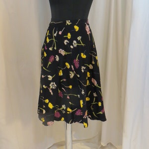 Vintage Floral Midi Skirt 90's Rayon Made in USA Black w Rose & Beige by Andrea Miksic Vermont Salaam