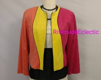 Mod Color Block Jacket Julia Collezione Med 10 1990's Colorful Pink Yellow Orange Faux Suede Made in the USA Quality Light Zip Blazer