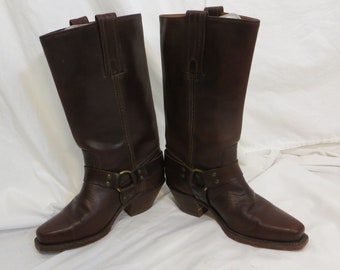 Vintage Frye Boots Size 6.5 Brown Made in USA 7 fit Cowboy Hybrid Thick Leather Harness Like Buckle with Snip Toe