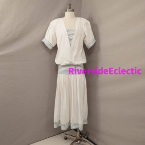 Low Drop Waist Costume Dress Halloween Twenties Sailor Look 80s Does 20's Creative Possibilities Innocent Flapper White Cotton w Blue Stripe image 1