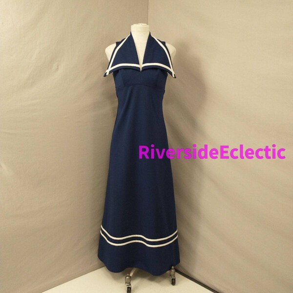 60's Custom Navy Sailor Dress Sixties Vintage OOAK Handmade Maxi Party Sexy Feminine Cut Out Back Wide Sailor Collar