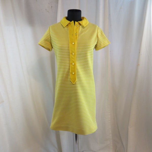 Authentic Vintage Sixties Seventies Yellow Polyester Dress Small Short Mini Sportswear Casual Polo Shirtdress