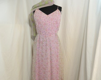 Vintage 70s Sleeveless Prairie Floral Feminine Lace Maxi Dress w Scarf Orchid Pink Long Ruffled made in USA