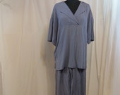 Comfortable Pant Set Tunic Style Fine Navy White Fabric Vintage Half Sleeve by Tanner Collection 14 16 L XL USA Made Casual