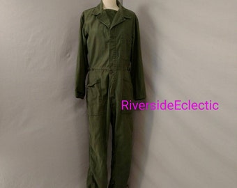 Vintage Drab Coverall Authentic Military Workwear Jumpsuit One Piece Made in USA Lg Men's or Unisex Button Front Green