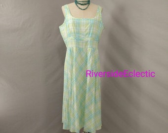 Country Plaid Cotton Dress Pastel Colors Vintage 90s Jones New York Feminine Classic Sleeveless Summer Sundress Long Midi SzMrk14 SeeMeasure