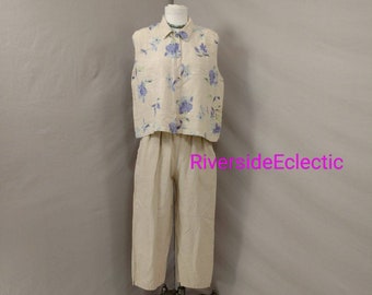 Linen Cotton Blend Vintage Pant Set 80's Garron Resort Sleeveless Made in USA Comfortable Capri Baggy Unstructured Pastel Floral SzMrkMed