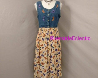 Butterfly & Blue Denim Vintage 90's Cotton Long Dress Sundress Shift California Designs Sleeveless Maxi Peach Purple SzMrkL See Measurements