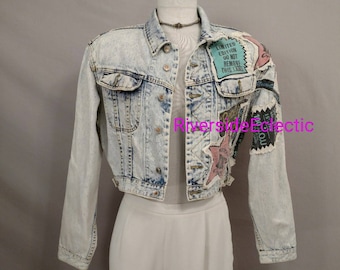 Rare 80's Crop Denim Vintage 1980's by IOU Jacket Gorgeous Acid Washed White w Unusual Patches Big Shoulder Pads Short Length