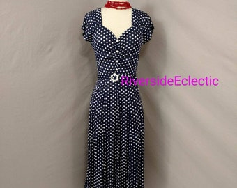 Feminine Polka Dot Dress Vintage 60's does 20's White Dots on Navy Blue Flattering Sweetheart Neck Long Midi to Maxi ApxSz2 Not perfect