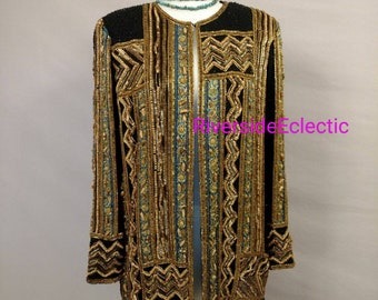 Designer Art Deco Asymmetrical Beaded Pattern Tunic Length Jacket Vintage 80's Judith Ann Natural on Black w Turquoise Subtle & Unique