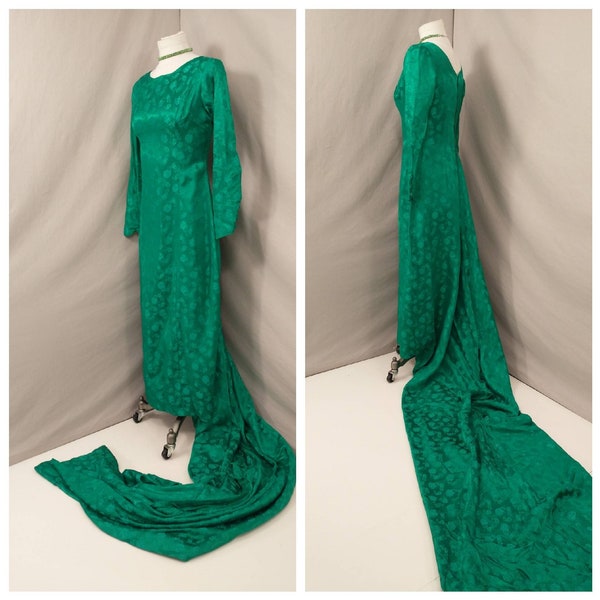 Emerald Green Satin Dress Long Train Vintage Handmade Ball Room Dancing Costume Theatre Glam Classy and Feminine