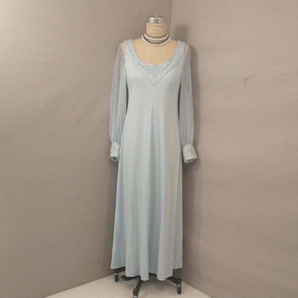 Blue Chiffon Sleeve Gown Iridescent Sequin Vintage 90's Dress Femimine Classy Pastel Made in USA Long Claire Dratch Boutique