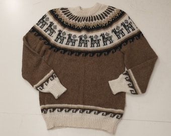 Soft Handmade Sweater Pullover Natural Colors Vintage Alpaca with Lamas by Inka Quechua of Peru Native Craft Super Soft Hand Knit