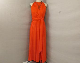 70s Red Vintage Long Maxi Dress Gown by Jonaton Logan Sexy & Classy Modest Neckline Belted Grecian Style Made in USA Evening Party