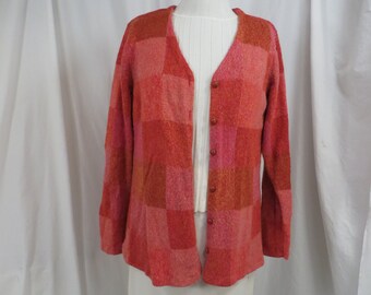 Colorblock Soft Cardigan Sweater Jacket Vintage Long Knit Blend Reds Pinks Corals 90's Talbots Color Block