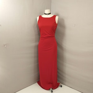 Classy Red Maxi Dress Sexy Plunge Back Dressy Flattering Style Long Modest Front Quality Canadian Lori Ann MkSz 12 Party Evening Wear