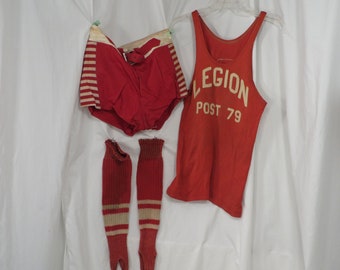 1930's Basketball Antique Athletic Uniform Tank and Shorts Men's Boys Vintage 30's 40's Red & White Legion Post 79 Thirties Sports