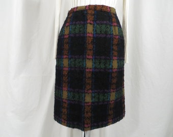 Vintage 60's Plaid Wool Pencil Skirt Midi Mid Knee Length Nubby Texture Great Colors Sm Med 6 Colorful and Unusual
