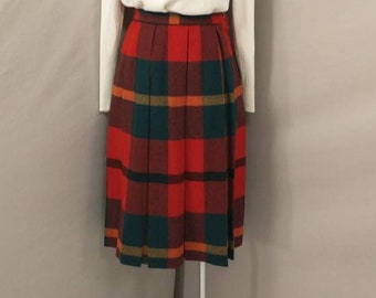 Vintage 60's Plaid Wool Skirt Midi Length Rich Colors Sm XS apx2 Colorful and Unusual Wide Full Pleat see Measurements