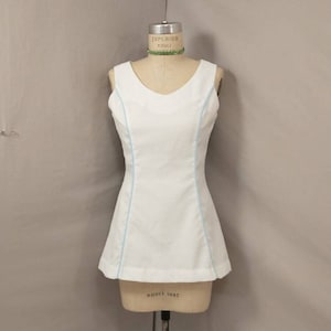 80&#39;s Sphairstrike Tennis Dress Authentic Vintage Eighties White with Blue Piping Sportswear Athletic Wear Women&#39;s Sports SzMrk13/14