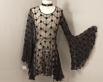 Black Lace Mesh Flirty Tunic Length Top  Vintage 90's Sexy Evening Party Nineties Long Bell Sleeve by Beth Schaeffer or Sheer Mini Dress