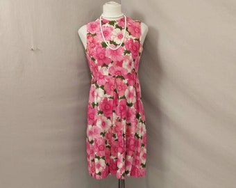 60's Bright Pink Floral Cotton Day Dress vintage Sixties Made in USA Flower Print Summer Sleeveless High Quality