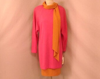 Deadstock 80's Knit Sweater Dress Vintage 80's Midi Lynn Tepe for Balena Hot Pink & Gold Feminine Comfortable Long Sleeve Wool
