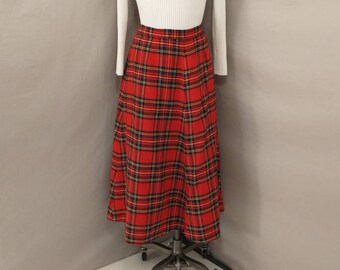 Red Plaid Handmade Midi Skirt Vintage 80's Wool Mid Calf A Line Eighties Scotch Tarten