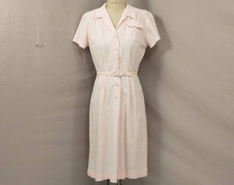 50's Cotton Pink Seersucker Pinstripe Dress Vintage Fifties Classic Style Collared Button Front Shirtdress Made USA Short Sleeve Midi Skirt