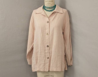 Muted Peach Linen Tunic Vintage Shirt Made in USA Long Sleeves Layering Blouse Cover Up Versatile Natural Top