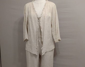 Natural Linen Pants Set Ruffle Edge Made in USA Lg Jacket with Pants Washable Pockets Comfortble Neutral Color Nubs