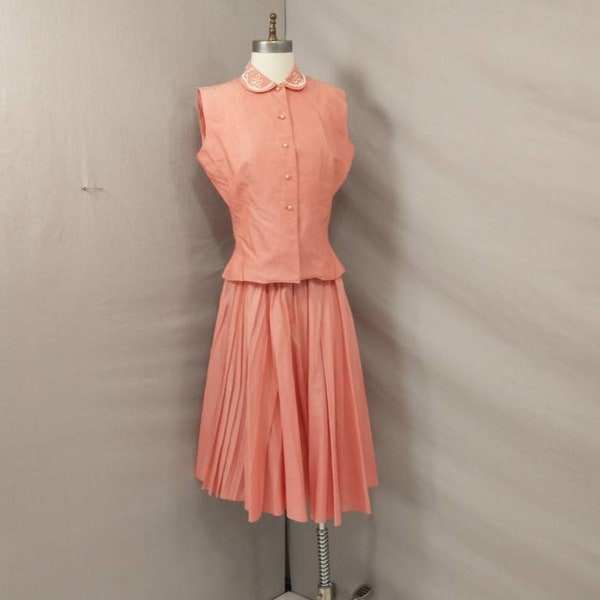 50's Pink Skirt Set Jonathon Logan Pleated Full Skirt Collared Shirt Fun Period Spring & Summer Dress Sleeveless Candy Bubblegum Coral Pink