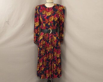 Bright Floral Vintage 80's Long Sleeve Dress Dramatic Colors Eighties Shoulders Jessica Howard 10 Med