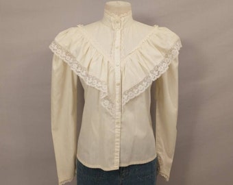 Gunne Sax Jessica's Gunnies Feminine Cream Color 80's Vintage Victorian Edwardian Style Blouse Lace Trim & Ruffles High Collar